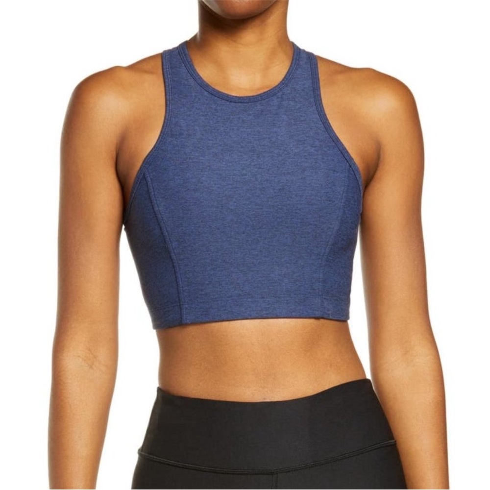 Outdoor Voices High-Neck Cropped Sports Bra in Heathered Blue